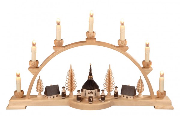 Candle arch with Seiffen village and Kurrende, 60 cm, electrically illuminated by Albin Preißler