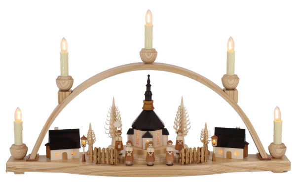 LED candle arch with illuminated Seiffen church, houses and lanterns, 54 cm by Knuth Neuber_1