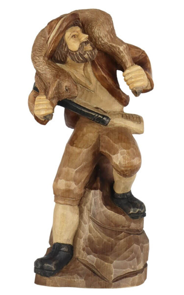 Poacher with deer, carved, stained, 16 cm by Schnitzkunst aus dem Erzgebirge